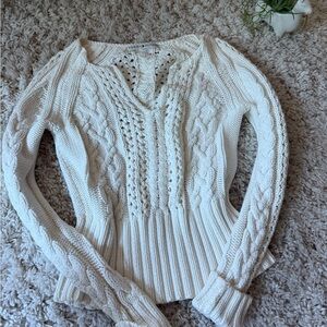 Tommy Hilfiger White V-Neck Cable Knit Sweater